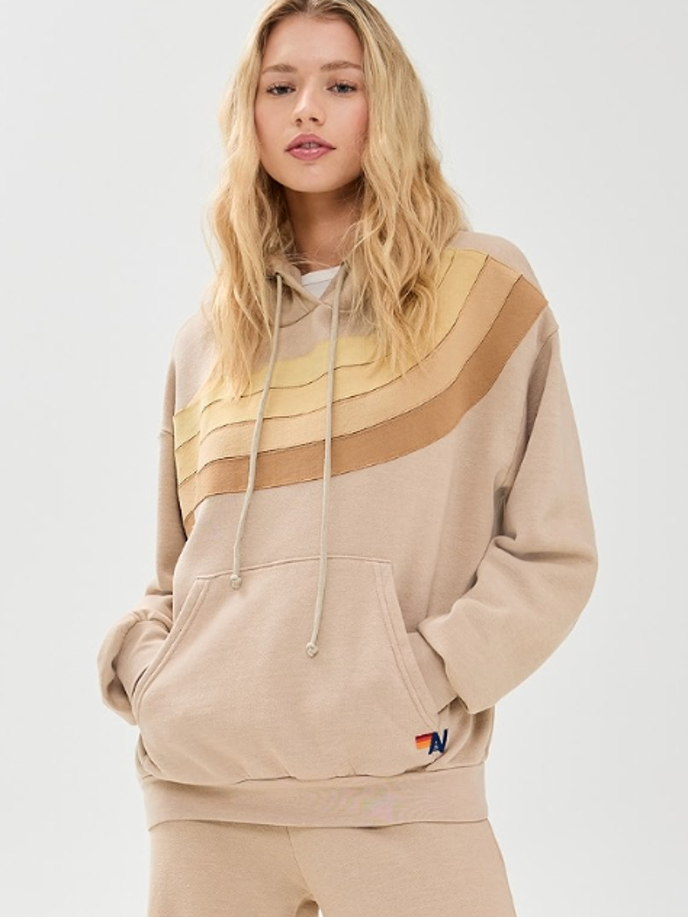 Aviator Nation Wave Stripe Relaxed Fit Pullover Hoodie Beige Size XS
